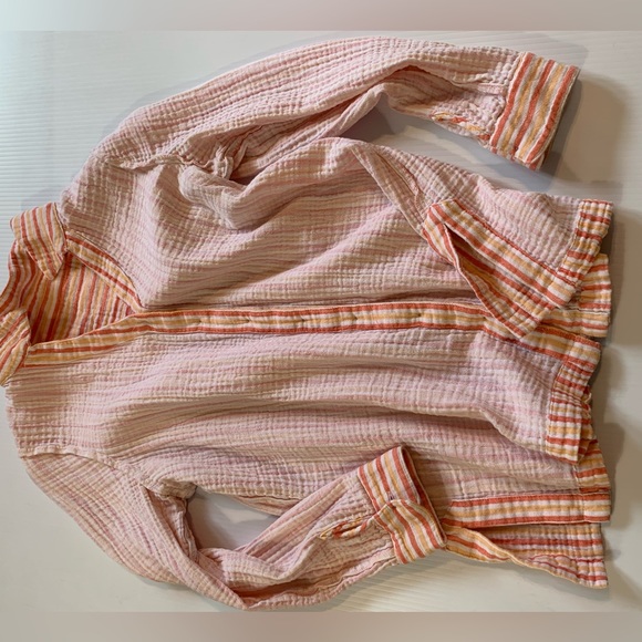 Soft Surroundings PETITE MEDIUM Escambia Gauze Shirt  Peach Orange White Stripe - Picture 5 of 14